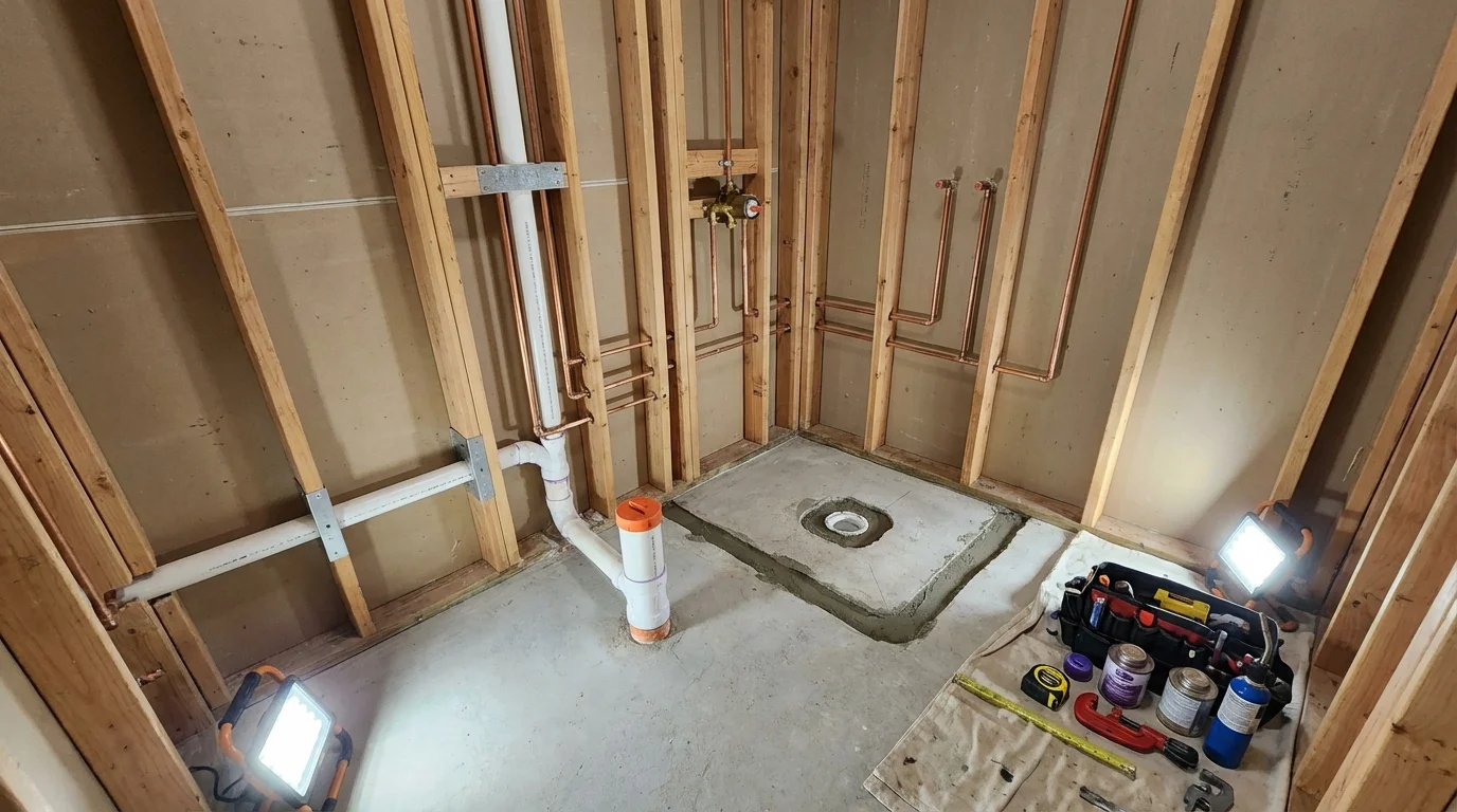 Bathroom rough-in plumbing during remodel by Johns Plumbing LLC in Rittman