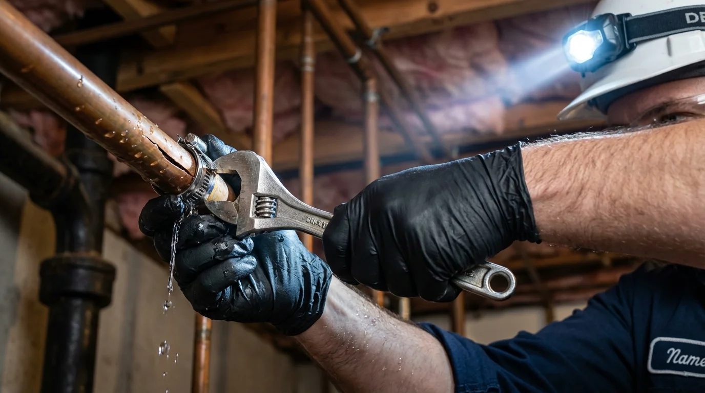 Emergency pipe clamp repair being performed by a Johns Plumbing LLC plumber in Rittman