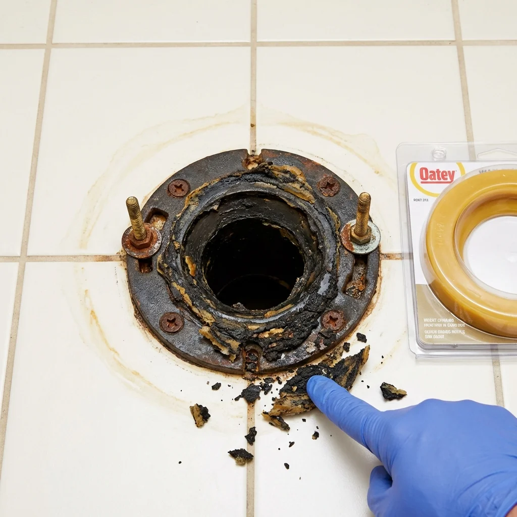 Failed wax ring showing water seepage at the base of a toilet in a Rittman, OH home
