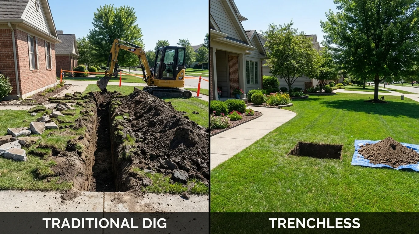 Trenchless sewer repair with minimal yard damage versus traditional excavation in Rittman, OH