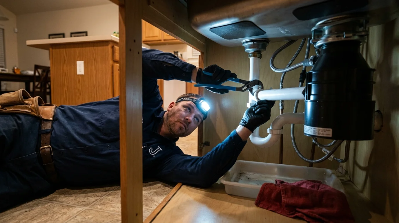 P-trap and supply line connections under a kitchen sink showing a common leak point in Rittman, OH